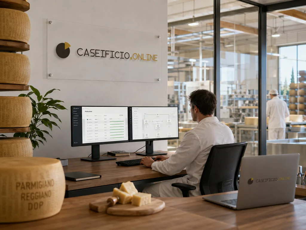 Immagine generata con IA: tecnico al lavoro su doppio monitor con i cruscotti di CaseificioOnline, in ufficio caseificio con vista sulla produzione.