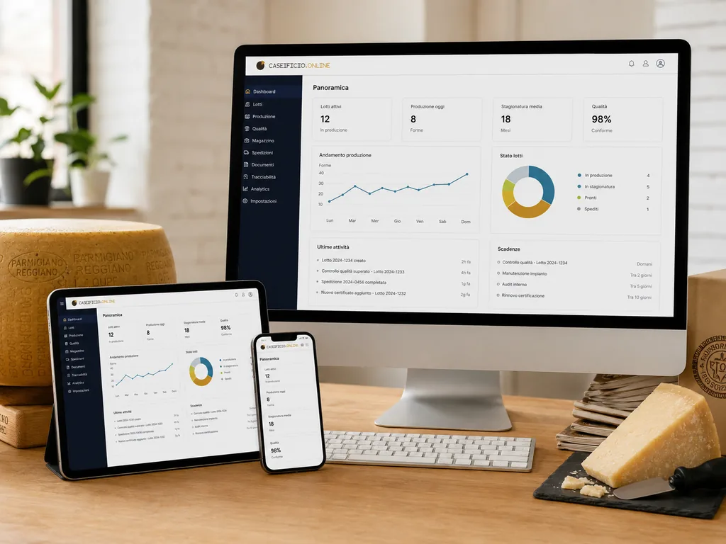 Immagine generata con IA: cruscotto di CaseificioOnline mostrato su desktop, tablet e smartphone, con andamento produzione e stato dei lotti.