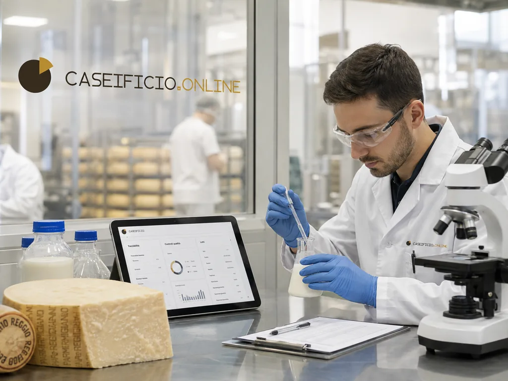 Immagine generata con IA: tecnico di laboratorio esegue un'analisi su una forma di Parmigiano Reggiano, con tablet a schermo che mostra i dati del controllo qualità.