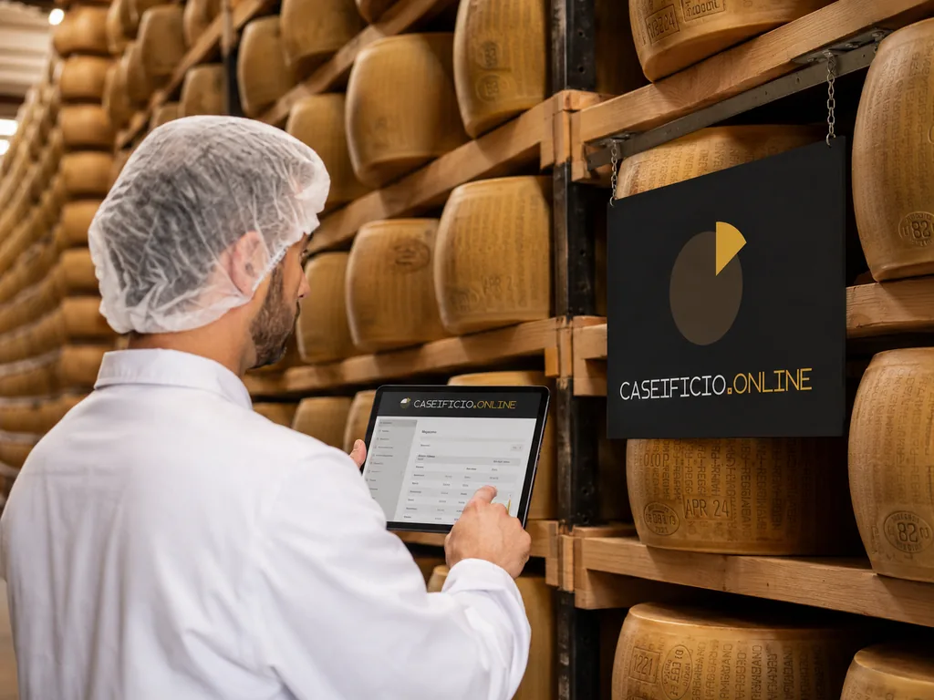 Immagine generata con IA: operatore in cuffia da magazzino consulta un tablet con l'app CaseificioOnline davanti alle scalere di stagionatura del Parmigiano Reggiano.