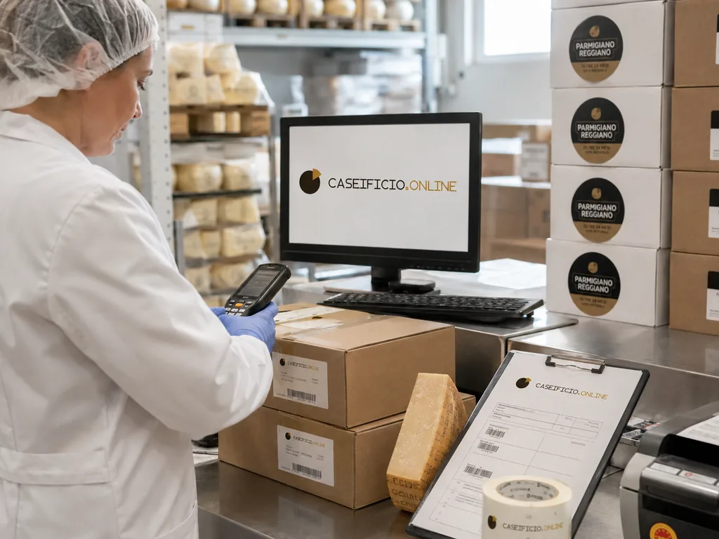 Immagine generata con IA: operatrice etichetta i colli di Parmigiano Reggiano in fase di confezionamento, con monitor CaseificioOnline sul bancone.