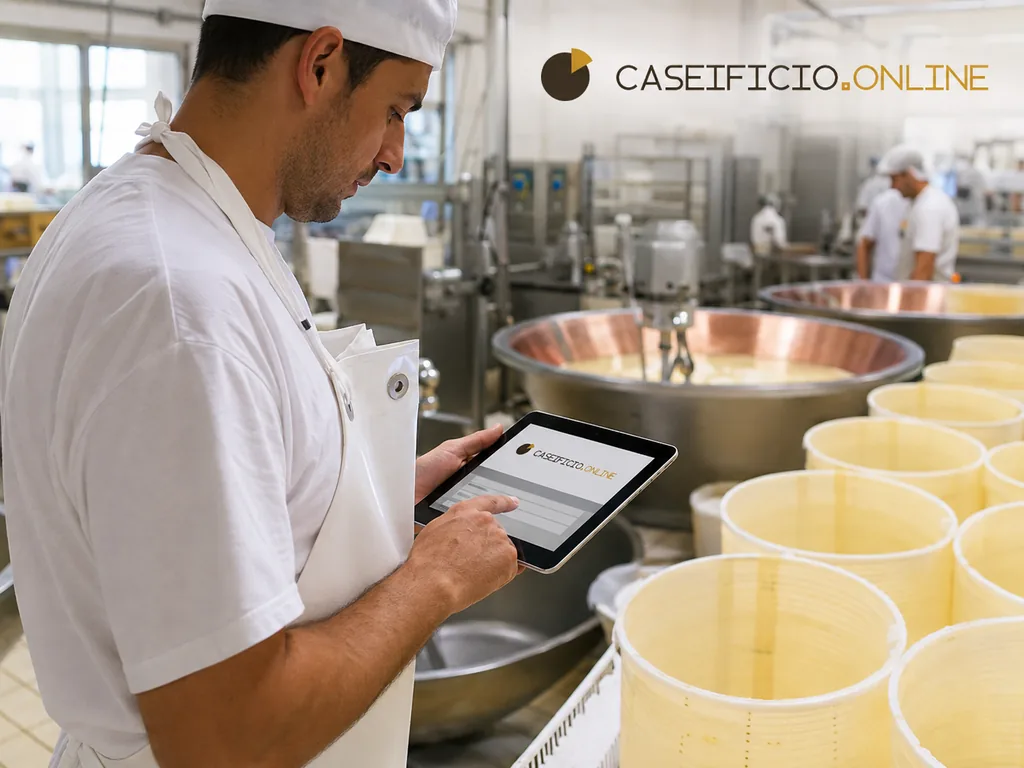 Immagine generata con IA: casaro in caseificio consulta il tablet con l'app CaseificioOnline accanto alle caldaie di lavorazione.