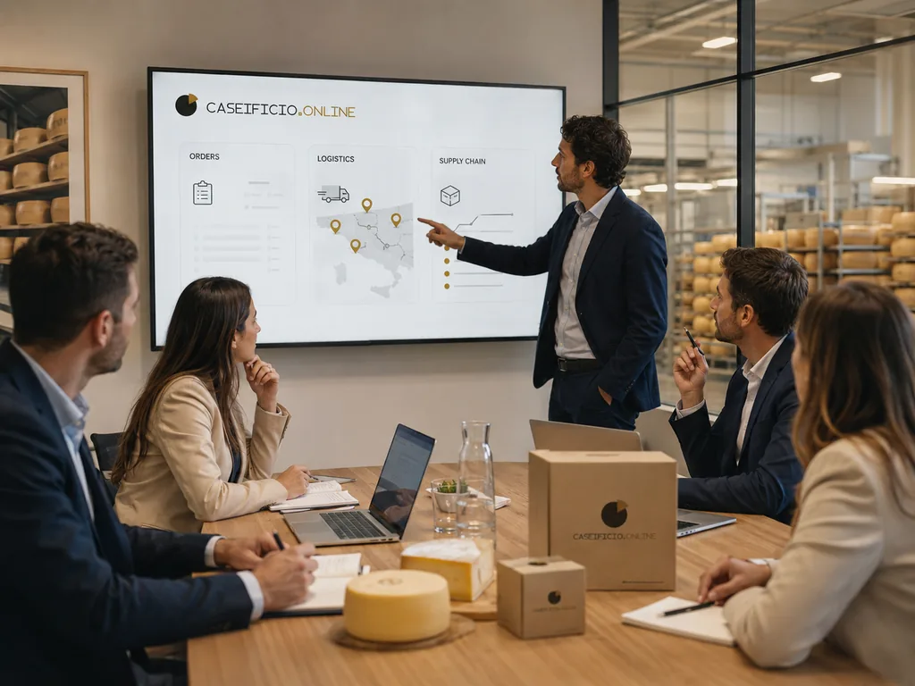 Immagine generata con IA: team direzionale in sala riunioni consulta su un monitor i cruscotti di ordini, logistica e supply chain di CaseificioOnline, con forme di Parmigiano Reggiano e confezioni sul tavolo.