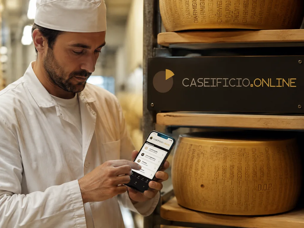 Immagine generata con IA: casaro controlla lo smartphone con l'app CaseificioOnline accanto alle forme in stagionatura.
