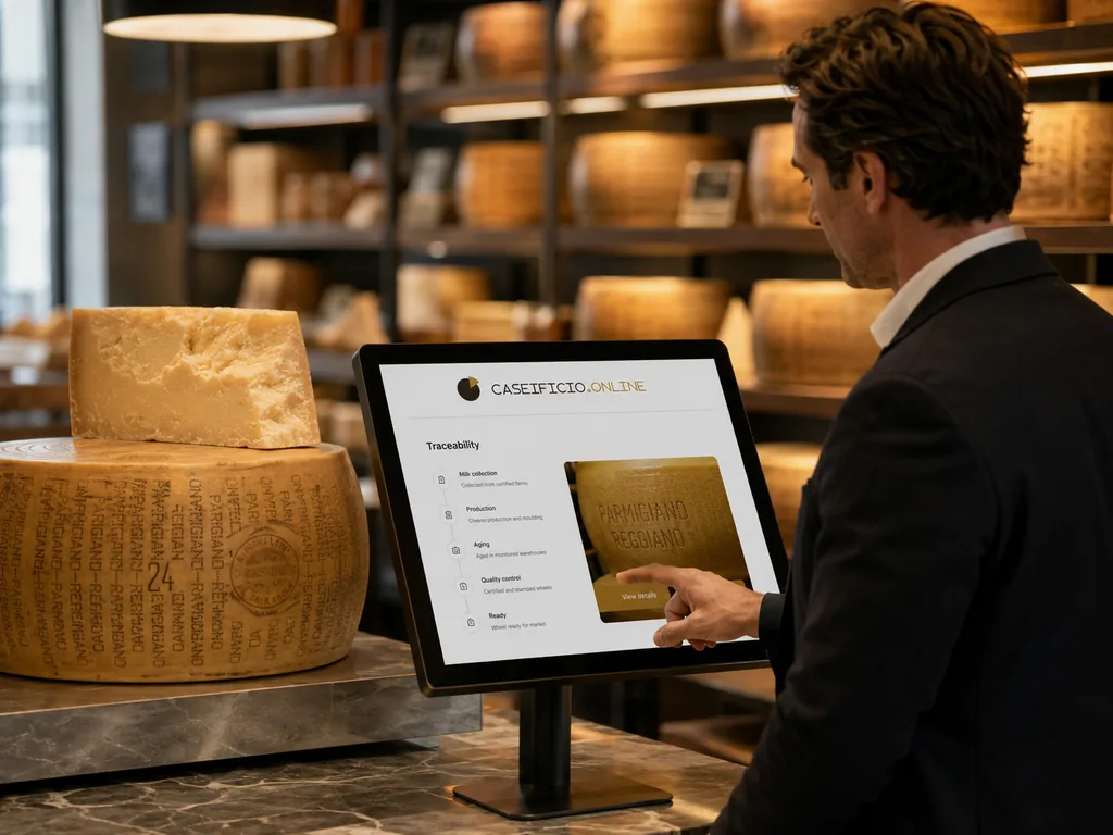 Immagine generata con IA: cliente al banco vendita consulta un totem touch screen con il percorso di tracciabilità del Parmigiano Reggiano, accanto a una forma stagionata.