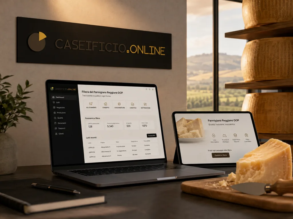Immagine generata con IA: postazione ufficio con laptop e tablet che mostrano la filiera del Parmigiano Reggiano DOP tracciata da CaseificioOnline.